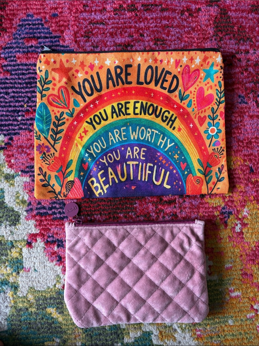 2 x Clutches You Are Loved Rainbow Canvas Pouch Multicolor & Ipsy pInk Plush